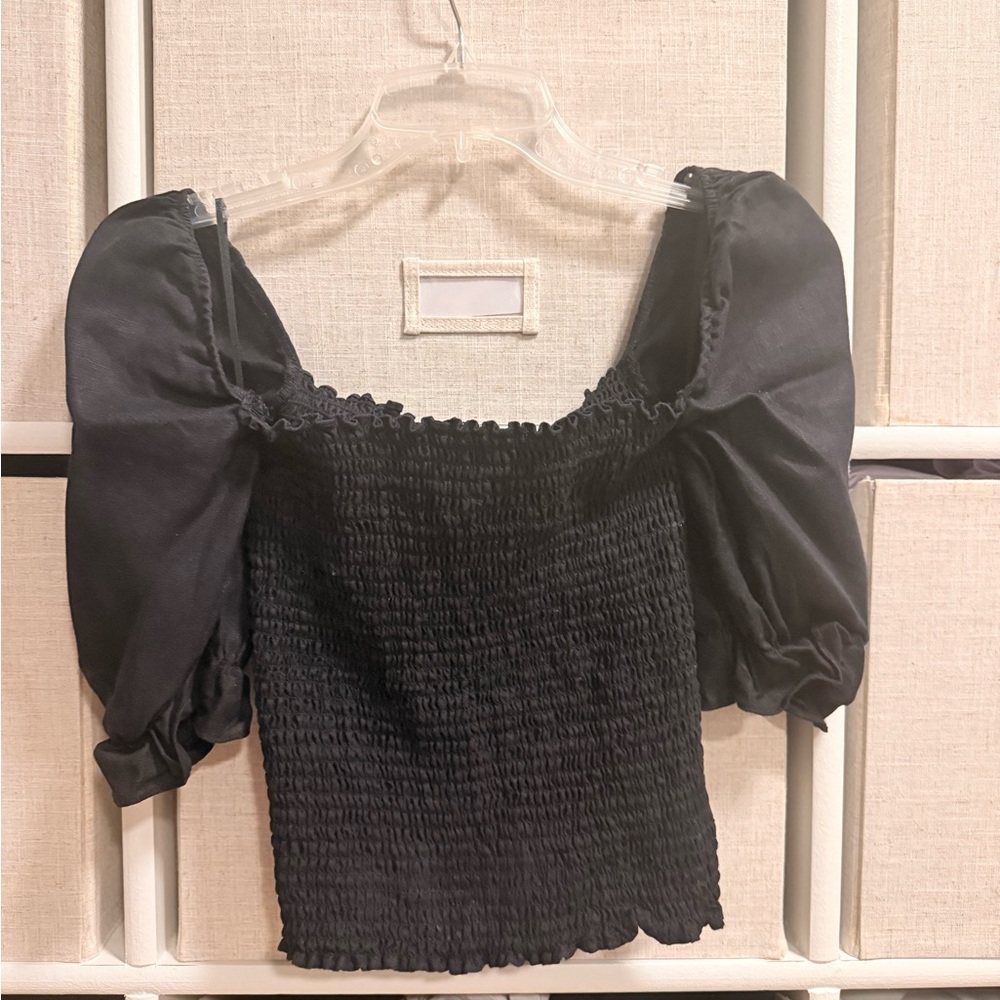 Reformation Black Smocked Puff-Sleeve Crop Top